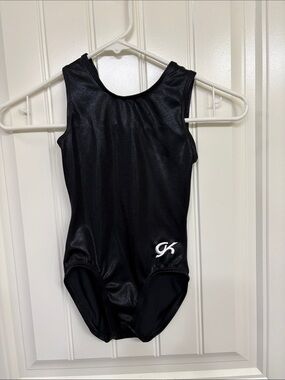 GK Black Shiny Gymnastics Leotard with White Logo